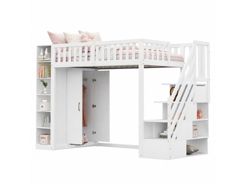  Lit mezzanine tcqpz 90 x 200 cm avec rangements, grand placard, échelle de sécurité, blanc  - Conforama A