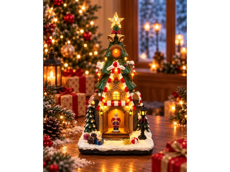  Décoration de noël lumineuse sapin et maison avec père noël del  - Conforama B