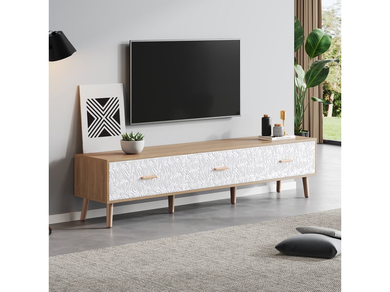  Meuble tv vintage bois clair 150 cm avec 3 tiroirs blanc texturé  - Conforama B