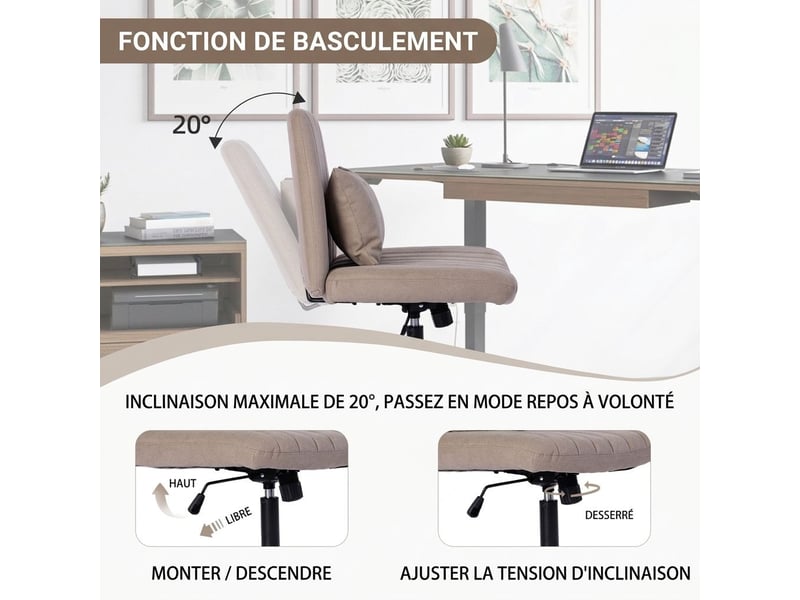 Chaise de bureau pivotante en tissu réglable en hauteur sans accoudoirs à roulettes silencieuses - Conforama C