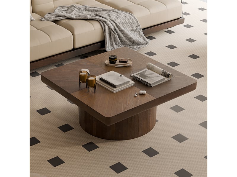  Table basse carrée à plateau parqueté et pied cylindrique pour salon en bois massif et mdf 78 cm noyer  - Conforama C