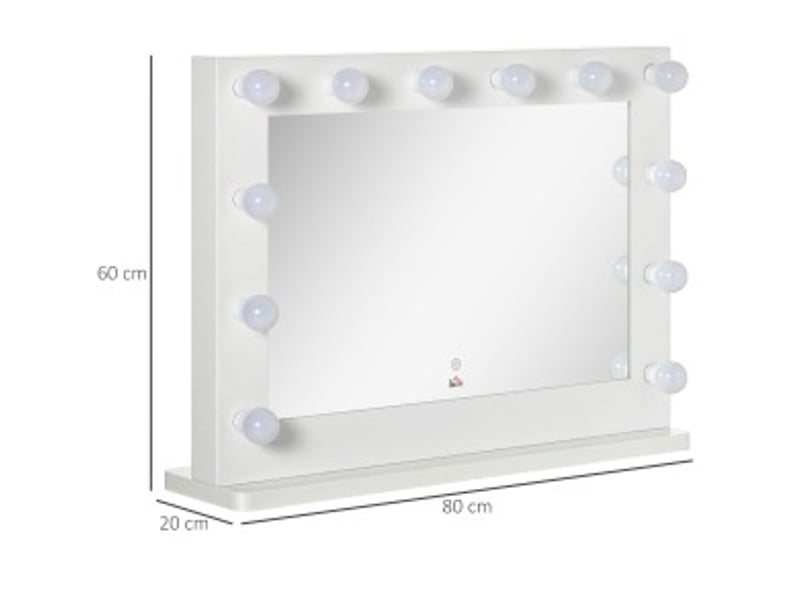  Miroir de maquillage hollywood blanc, 12 led dimmables avec commande tactile et mémoire, 80 x 60 cm pour se préparer  - Conforama C