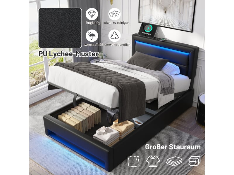  Lit enfant 90x190 cm - lit avec rangement - led multicolore et usb - sommier inclus - pu - noir  - Conforama B
