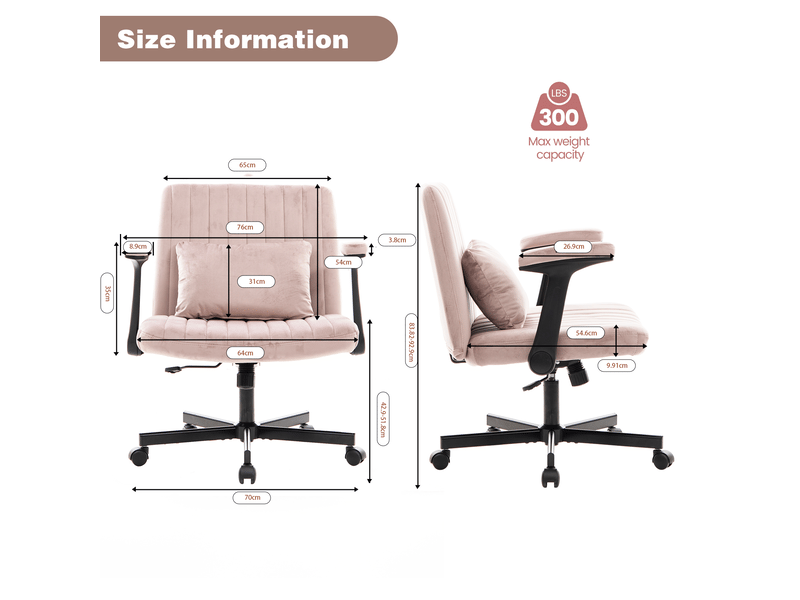  Chaise de bureau rose en velours, accoudoirs rabattables, pivotante 360° et réglable en hauteur pour le télétravail  - Conforama C