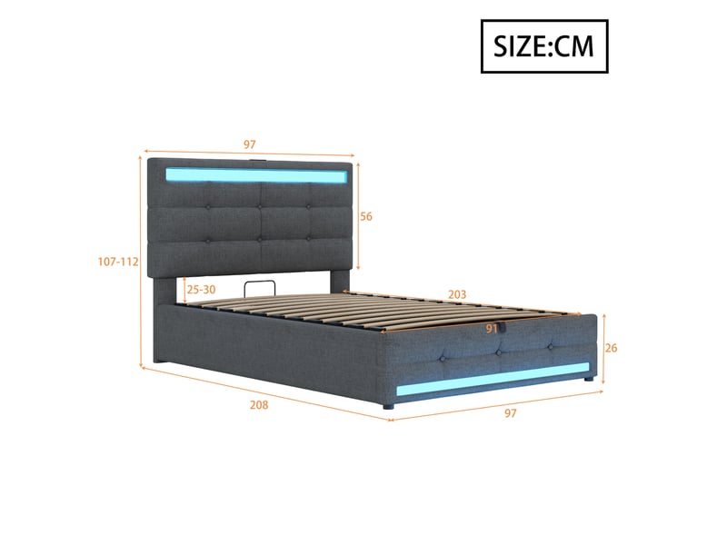  Lit enfant capitonné 90x200 cm en lin gris, rangement hydraulique, led et usb, avec sommier  - Conforama B