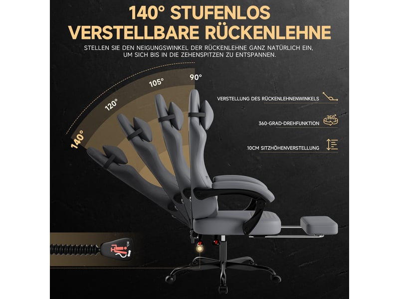 Fauteuil gaming ergonomique avec fonction massage, repose-pieds et dossier inclinable, gris, 58,5 x 63 x 120,5 cm Fay Lum - Conforama W