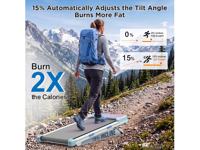 Tapis roulant électrique 118,5 x 51 cm – bleu – inclinaison automatique 15 %, bluetooth et télécommande - Conforama E