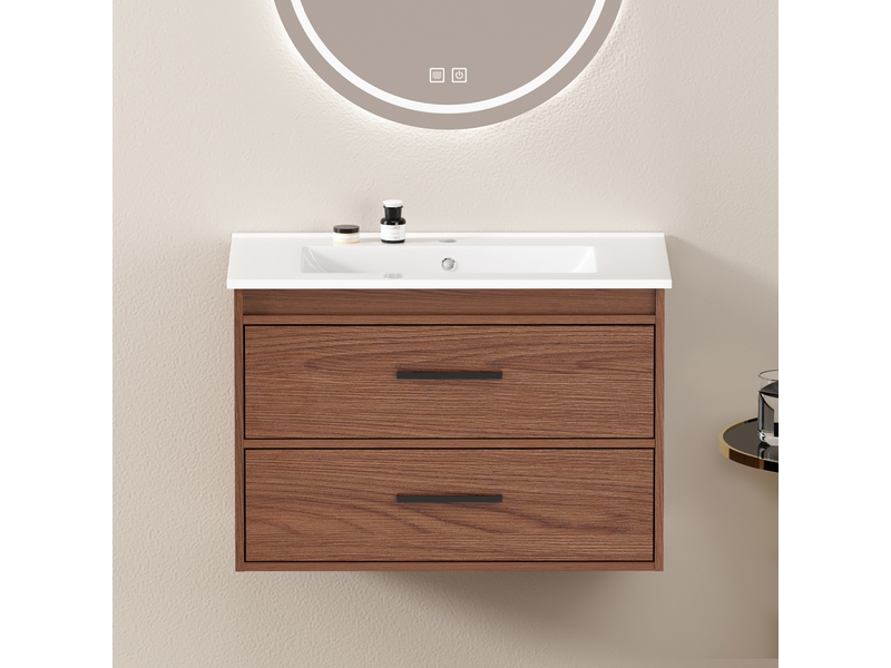  Armoire de salle de bain en mdf rouge brun avec 2 tiroirs coulissants, espace de rangement pour salle de bain, 75 cm  - Conforama C