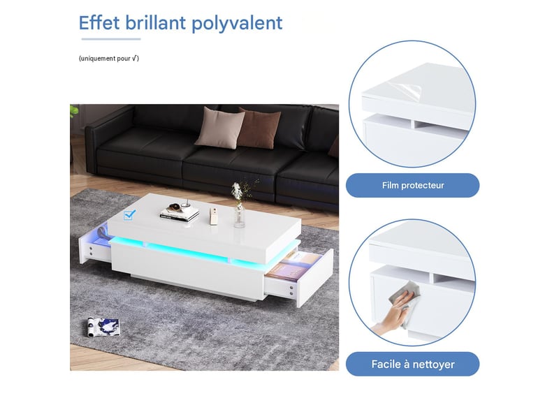  Table basse avec 2 tiroirs et led en panneau de particules blanc brillant 100x50x35 cm - pangivo  - Conforama D