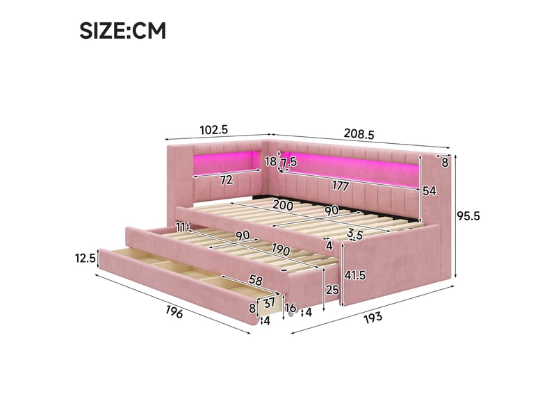  Lit jeune, lit gigogne 90x200 cm, équipé de led, usb, tiroirs et structure rembourrée, coloris rose  - Conforama C