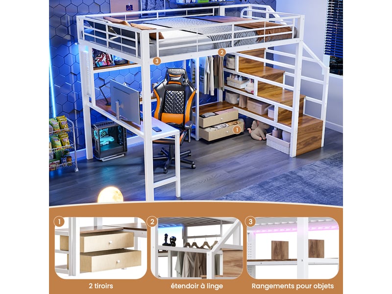  Lit mezzanine blanc 140x200 cm en métal et mdf, sans matelas, bureau, 2 tiroirs, led et rangements d’escalier  - Conforama D