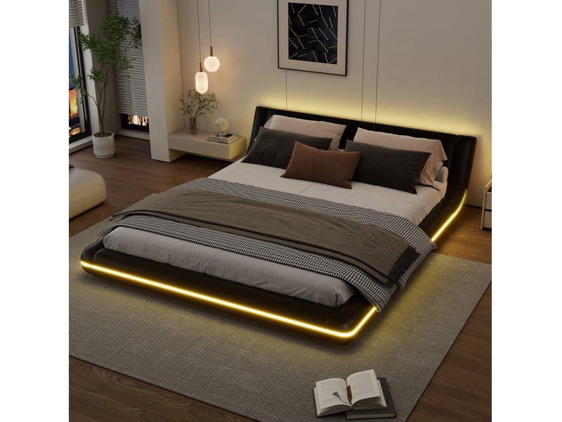  Lit double 160x200 cm avec led coloris noir  - Conforama D