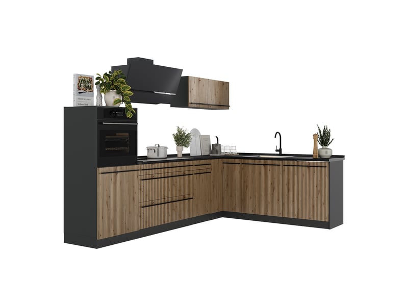  Vicco cuisine en angle, chêne artisananthracite, 287 x cm sans plan de travail  - Conforama E