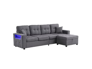 Canapé d'angle 4 places modulaire avec pouf coffre mobile, rangements, ports usb et led, en tissu gris antique