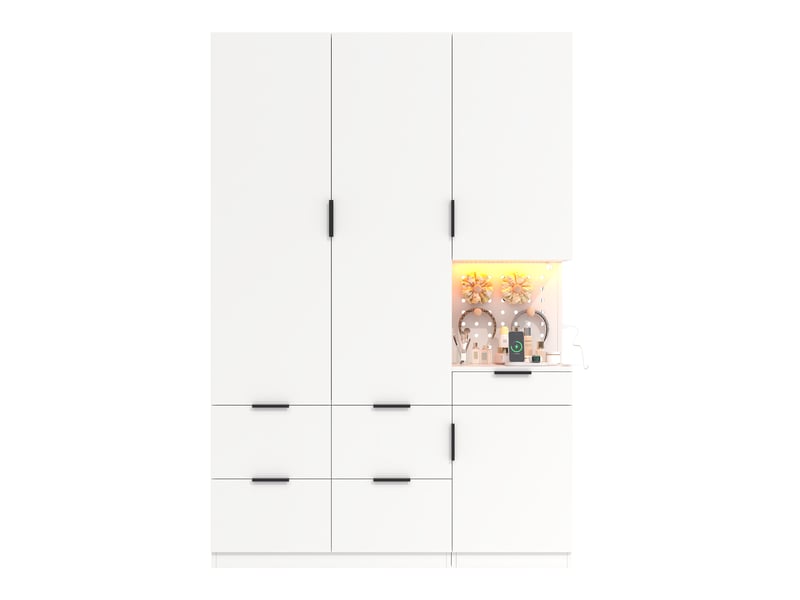 Armoire 135 x 50 x 200 cm avec éclairage led et prise, 4 portes, 2 penderies et 5 tiroirs, grand meuble à portes battantes moderne pour chambre ou dressing OPULERANE TRADING LTD - Conforama A