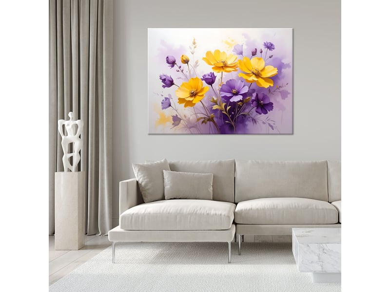  Tableaux, fleurs violettes et jaunes dans une aquarelle pastel 60x40 1312613535 - Conforama B