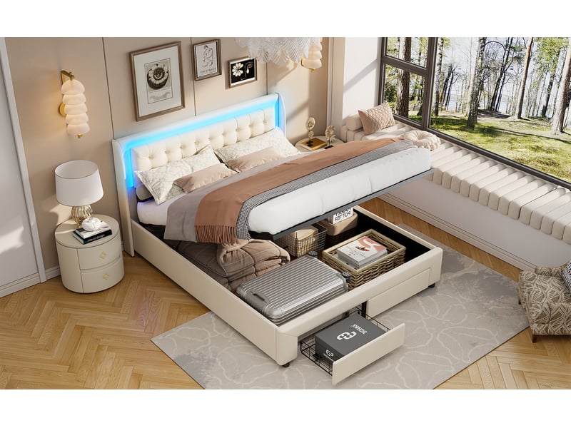 Lit coffre 140x190 cm, revêtement en velours, coloris beige, coffre hydraulique, 1 tiroir intégré, éclairage led, conception fonctionnelle - Conforama E