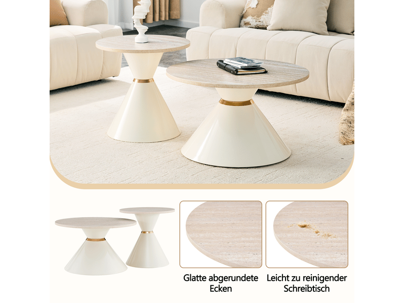 Tables basses gigognes 70x42,5+50x50,5 cm, design conique, empilables pour salon et pour bureau, métal, blanc crème  - Conforama E
