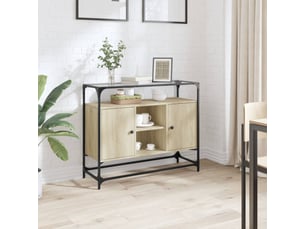 Buffet salon, meuble de rangement avec dessus en verre chêne sonoma bois d'ingénierie