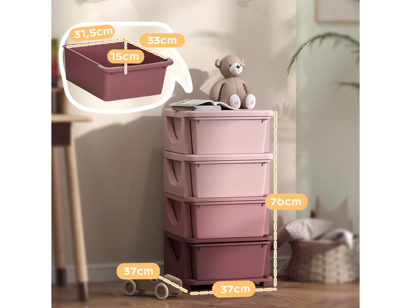  Organisateur de jouets pour enfants avec 4 tiroirs à 4 niveaux, boîtes de rangement en plastique, rose, 37 x 37 x 76 cm  - Conforama C