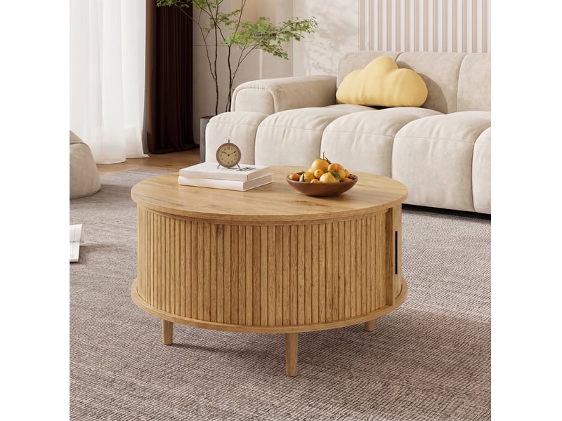 Table basse ronde relevable avec rangement – mdf – décor chêne clair – ø 80 x h 59 cm - Conforama B