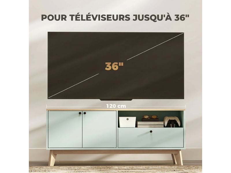  Meuble tv 120 cm, meuble télé pour téléviseur jusqu'à 36 pouces avec 2 portes, tiroir, vert clair, compartiment ouvert  - Conforama W