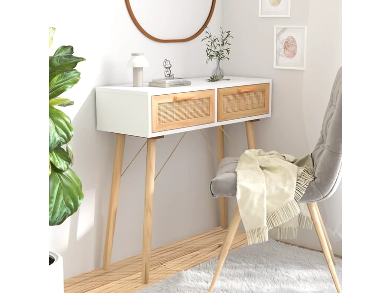  Console meuble, table console blanc 80x30x75 cm bois massif pin rotin naturel  - Conforama B