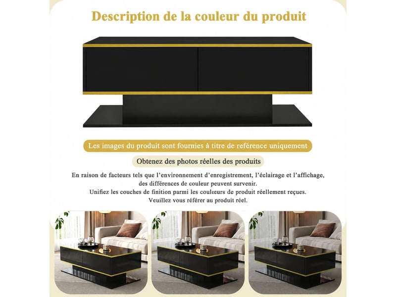  Table basse noire et dorée brillante avec 3 tiroirs et éclairage led, 100 x 50 x 40 cm  - Conforama D