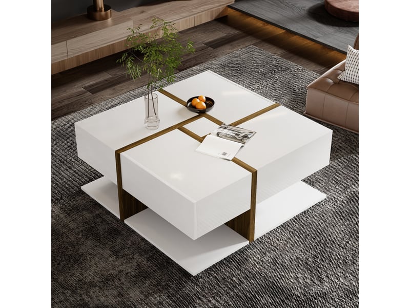  Table basse carrée 78x78x35cm laquée haute brillance avec 4 tiroirs | étagère inférieure bicolore | charge 50kg - blanc et naturel  - Conforama C