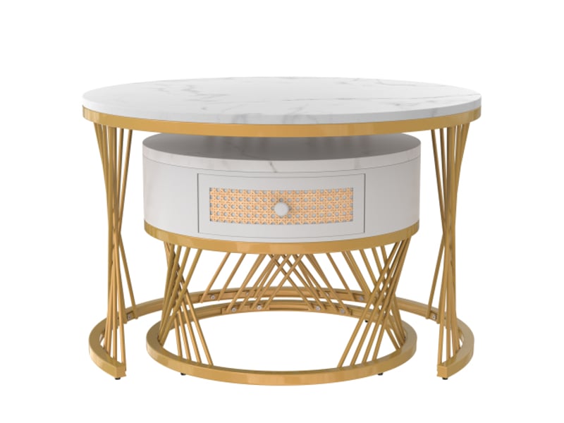  Lot de 2 tables basses gigognes blanches avec 1 tiroir en rotin et pieds en métal doré  - Conforama E