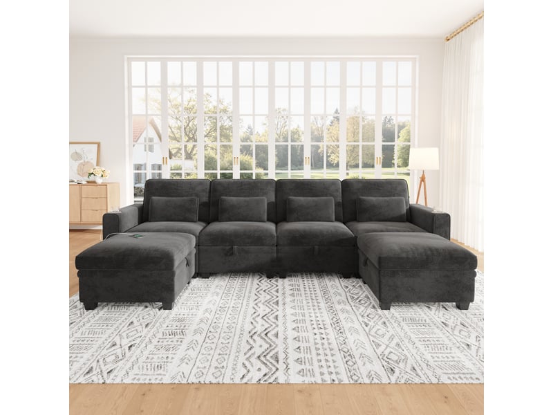  Canapé panoramique convertible 6 places en chenille gris, modulable ul avec 2 poufs de rangement, usbtype-c, dossier réglable, 278 x 148,5 x 88 cm  - Conforama B