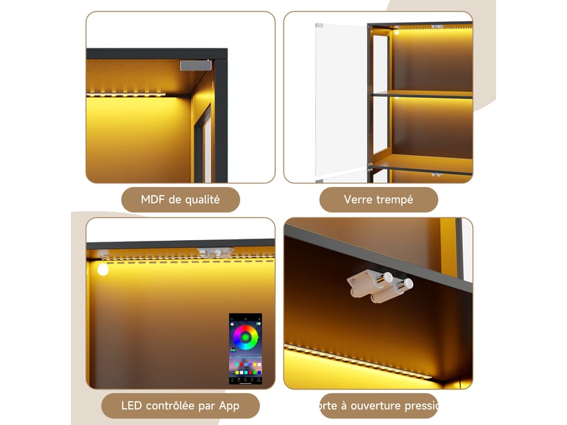  Vitrine led pour figurines, 4 niveaux, 80 x 35 x 170 cm, mdf et verre trempé noir  - Conforama R