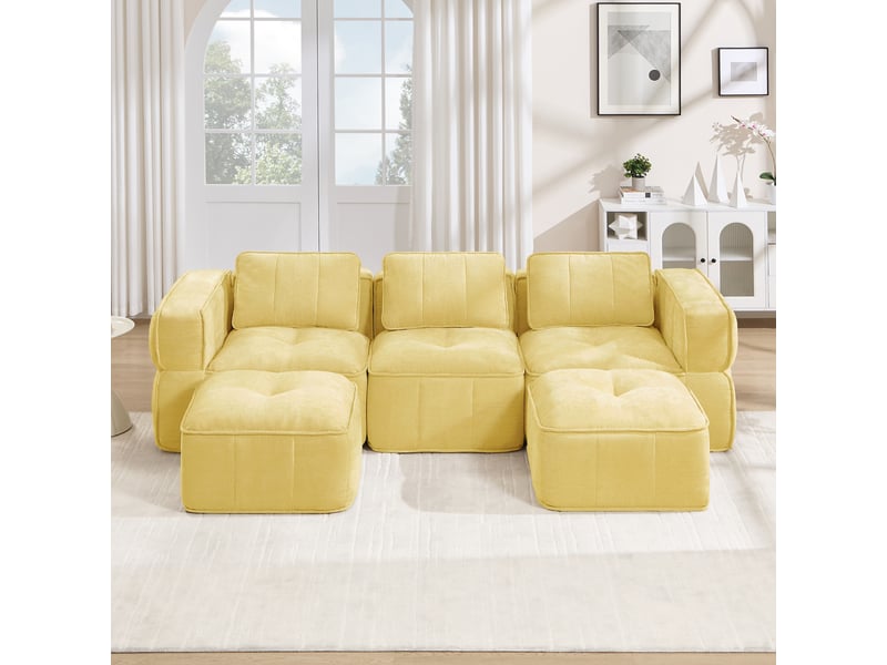 Canapé modulable en u 3 places avec deux poufs, canapé jaune pour salon à assise profonde, mousse 32d, tissu polyester doux - Conforama E