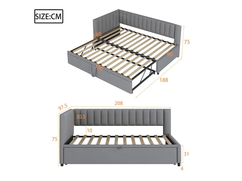  Canapé convertible en l 90180*200cm gris, tiroir-lit escamotable, velours doux pour petit espace  - Conforama B