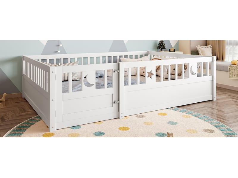  Lit enfant 140x190 cm avec barrière de sécurité blanc pin massif motif étoiles et lune sans matelas Sol Morn - Conforama D
