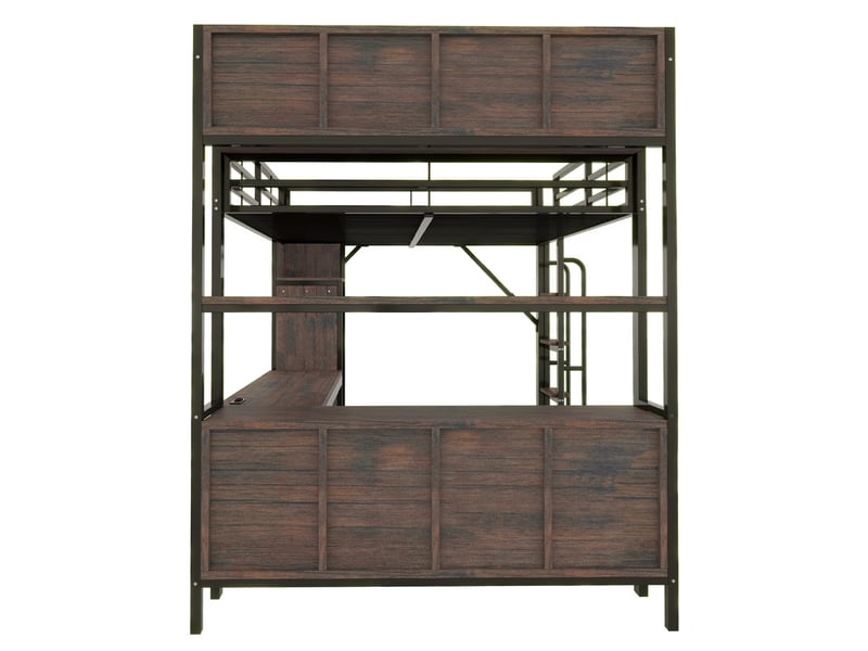 Lit mezzanine 140 x 200cm avec bureau, armoire, étagères, éclairage led, prises eu, barrière sécurité haute, noir - Conforama E