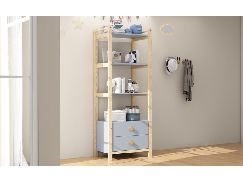  Meubles d'entrée avec armoire 2 portes, 4 tiroirs et étagères ouvertes pour chambre d'enfant en bois bleu naturel  - Conforama E