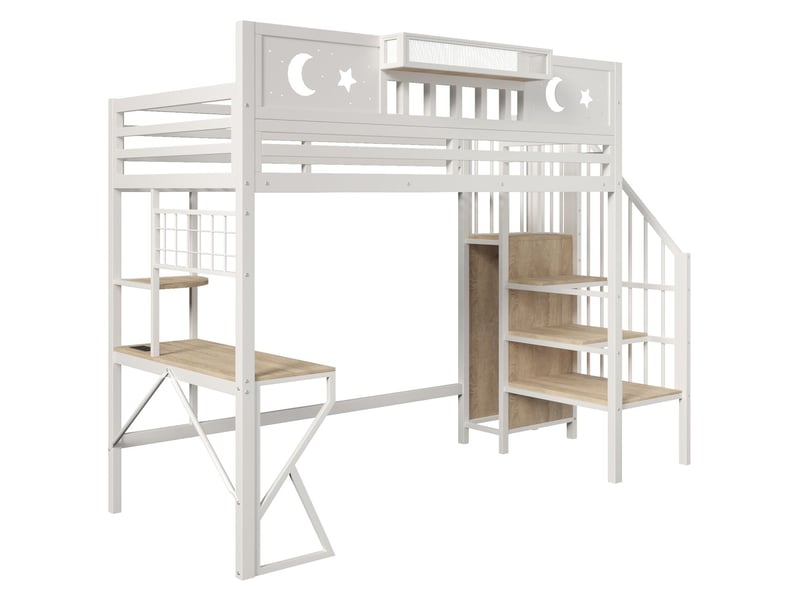  Lit enfant 90 x 200 cm cadre en fer panneau perforé plusieurs étagères bureau intégré prise usb garde-corps de sécurité éclairage led pieds en forme de k finition blanche  - Conforama A