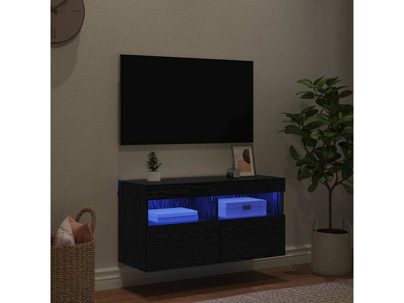 Meuble tv - banc tv - meuble de rangement mural 80 x 30 x 40 cm chêne noir bois d'ingénierie  - Conforama E