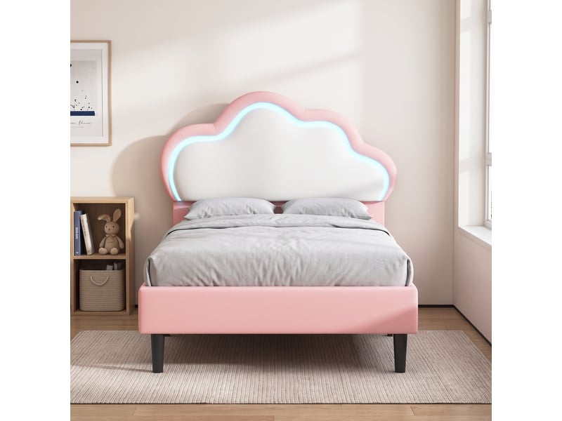  Lit enfant lit simple 90x200 cm avec led et tête de lit nuage réglable, lit capitonné princesse, sommier inclus, rose  - Conforama B