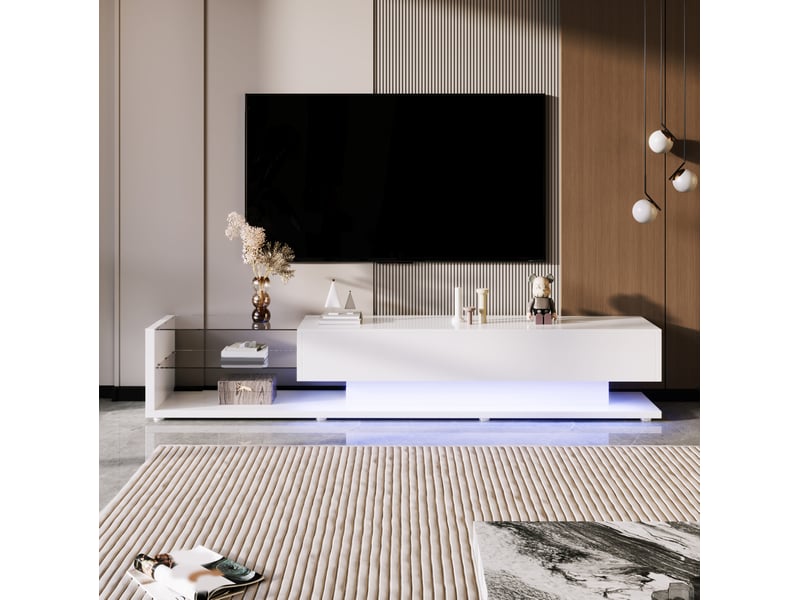  Meuble tv modenvie blanc brillant 170 x 36 x 38 cm 2 tiroirs étagères en verre led multicolore  - Conforama D