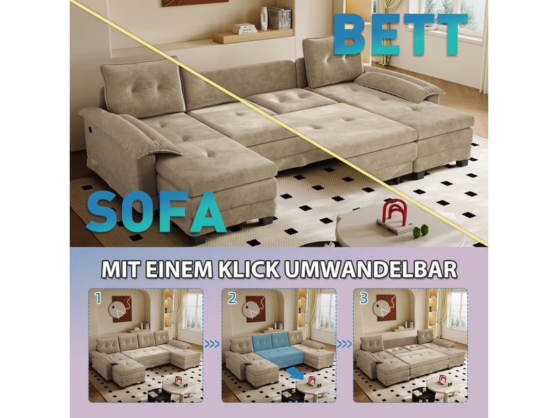  Canapé panoramique convertible modulable 4 places en u 278x127x87 cm, canapé-lit gigogne, couchage 242x117 cm, ports usb, tissu chenille chameau  - Conforama E