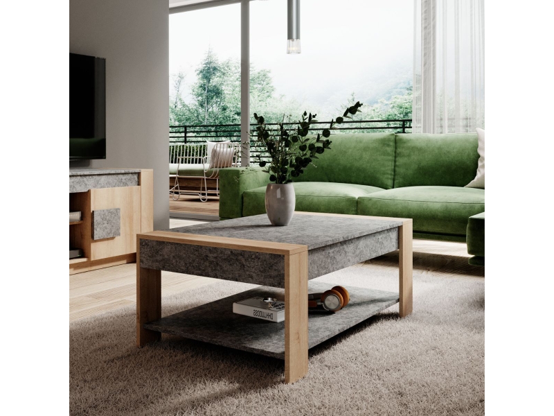  Table basse 2 plateaux finition granit gris pieds aspect chêne clair - azya AZYA - Conforama B
