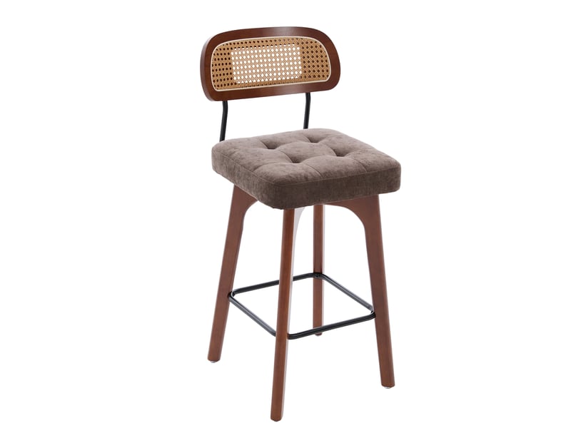  Lot de 2 tabourets de bar pivotants 360° en tissu marron café, dossier en paille et assise rembourrée vintage  - Conforama A