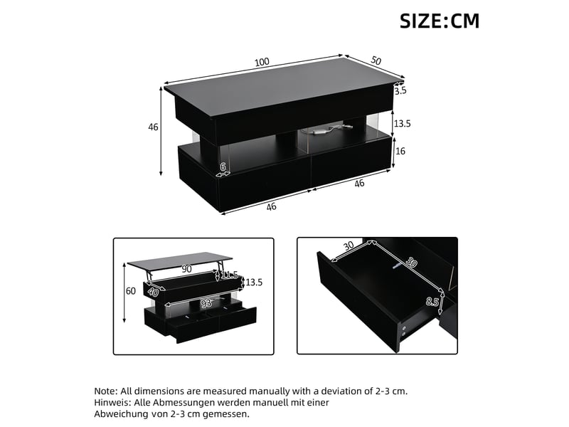  Table basse relevable 100 x 50 cm avec led, 2 tiroirs et rangement noir  - Conforama C