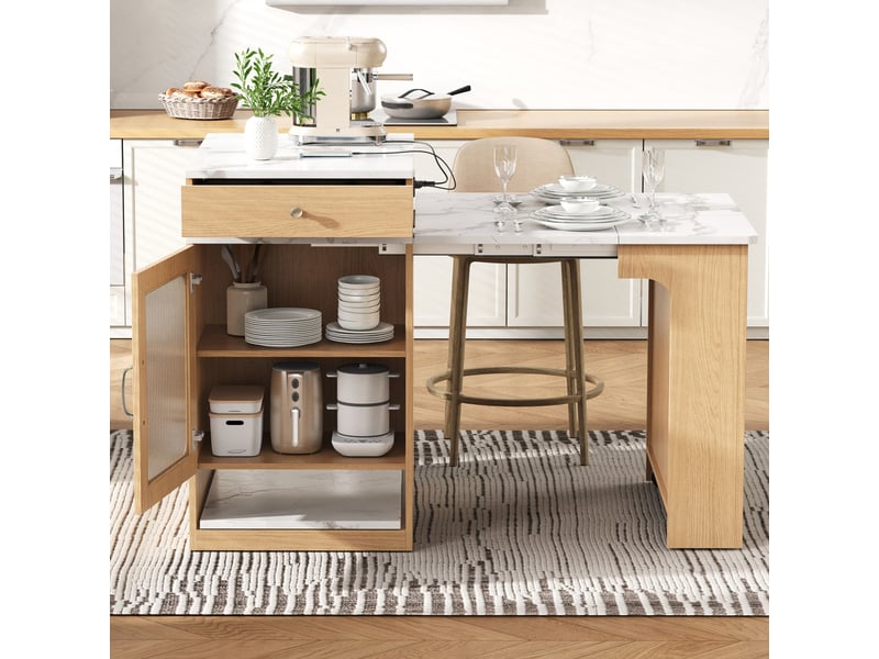  Îlot de cuisine à roulettes avec table extensible, plateau amovible, prises, bar ou buffet, naturel Fay Lum - Conforama E