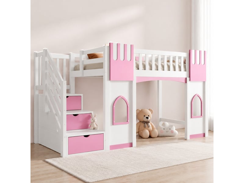  Lit mezzanine 90x200 cm avec escalier de rangement et 2 fenêtres en pin et mdf blanc et rose  - Conforama D
