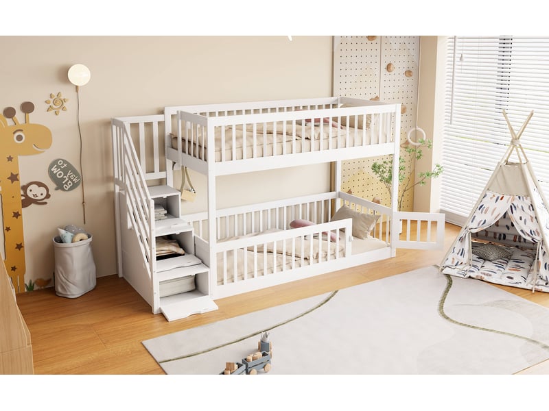  Lit superposé 90x200 cm en bois massif blanc avec échelle et rangements pour enfant  - Conforama R