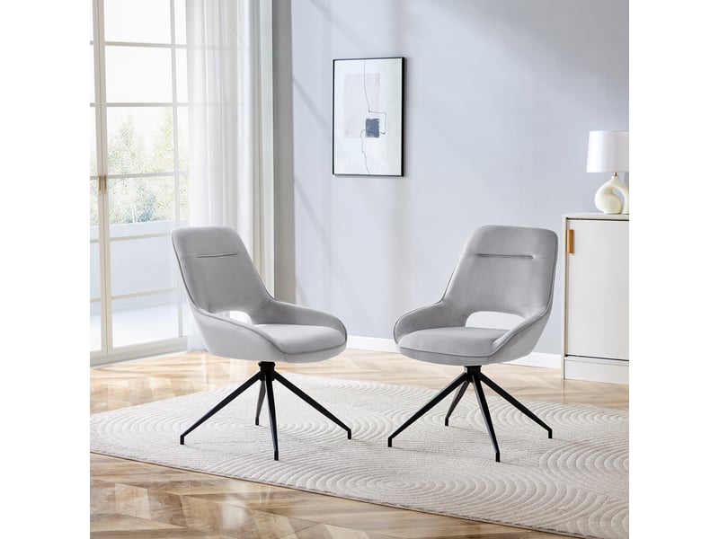  Chaise de salle à manger pivotante 360° lot de 2 avec assise rembourrée, en velours gris clair et métal noir  - Conforama C