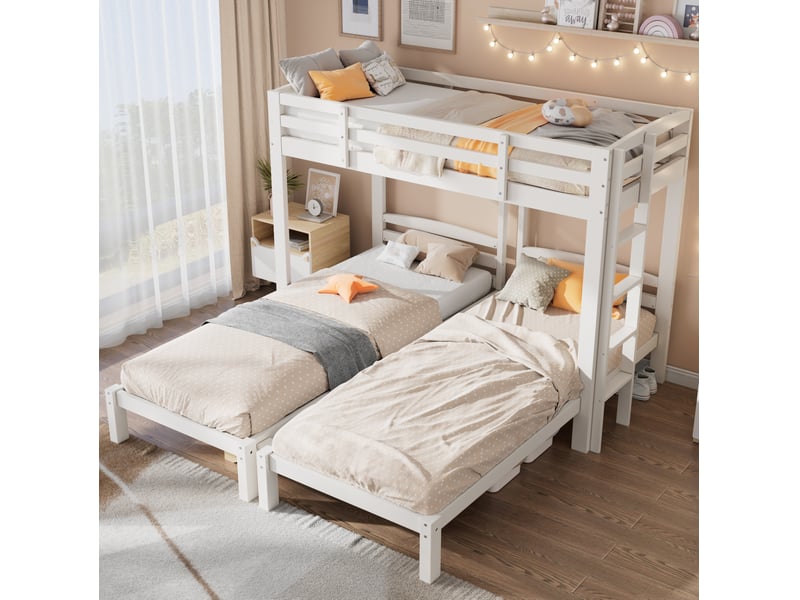 Lit superposé triple 90x200 cm, enfant 3 couchages, structure de lit avec échelle réversible, bois, blanc, sans matelas - Conforama D